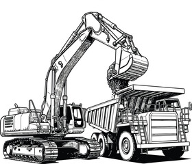 Detailed black and white line art of a tracked excavator loading a large heavyduty mining dump truck with soil. © Vhya