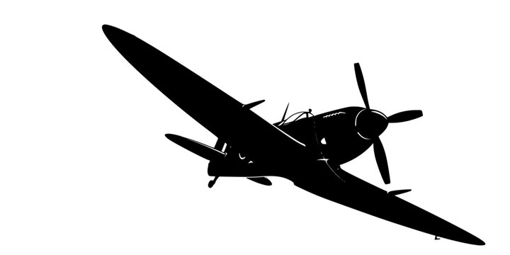 Detailed black silhouette of a vintage WWII Spitfire fighter plane banking in flight, military aviation concept, flat vector illustration, isolated on white background