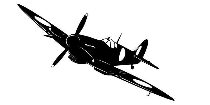 Detailed black silhouette of a vintage WWII Spitfire fighter plane banking in flight, military aviation concept, flat vector illustration, isolated on white background