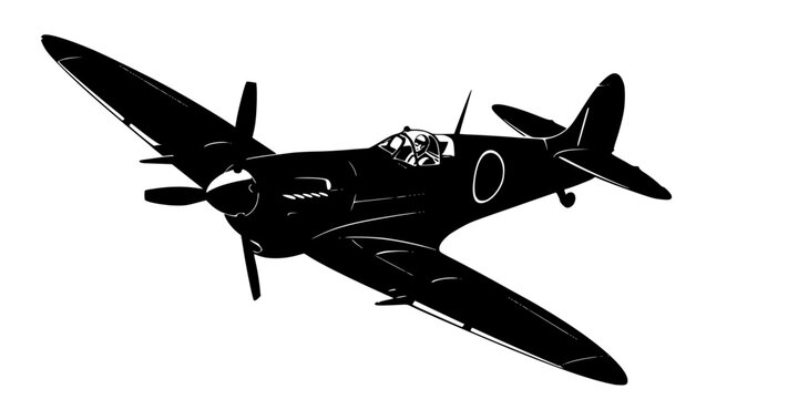 Detailed black silhouette of a vintage WWII Spitfire fighter plane banking in flight, military aviation concept, flat vector illustration, isolated on white background