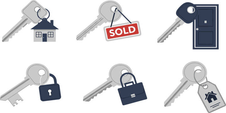 Real estate house keys set with sold sign, door, padlock and briefcase icons, flat vector illustration for property business.