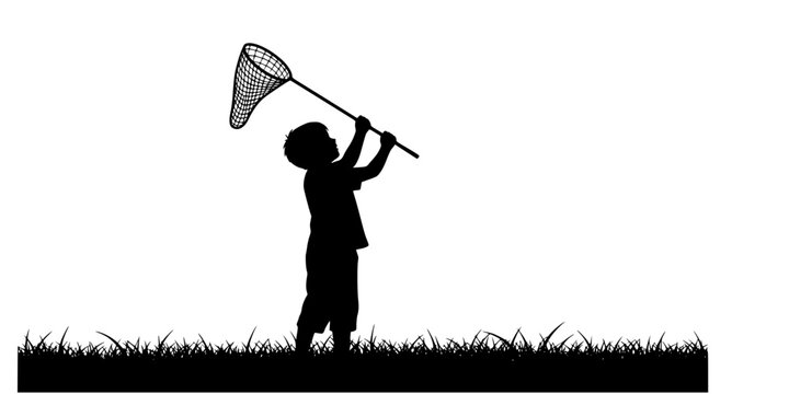 A silhouette of a child standing in a grassy field, holding a butterfly net raised high above their head, as if ready to catch something
