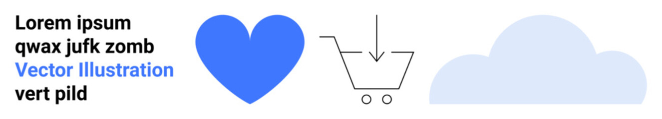 Online shopping, digital storage, cloud technology, e-commerce, digital connectivity, heart branding. Blue heart, shopping cart and cloud icons on white background. Online shopping and digital