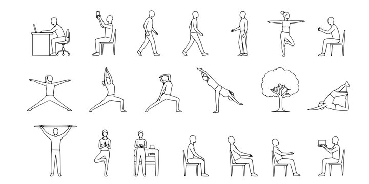 Collection of minimalist human posture illustrations showing daily activities, yoga poses, and ergonomic movements in black and white line drawing
