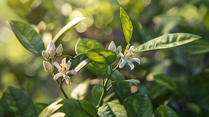 Fototapeta premium Fragrant white citrus flowers on a flowering tree branch