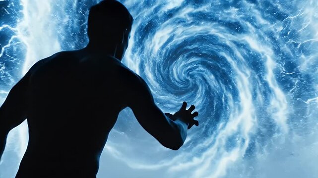 A person standing in an abandoned industrial warehouse appears to be controlling or summoning a powerful swirling vortex of energy and lightning, creating a dramatic and dynamic scene with intense.