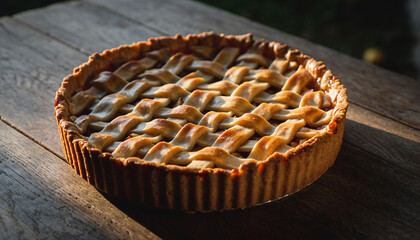 Latticecrust pie on a wooden table sits in warm sunlight. Perfect for food blogs, recipe books, and social media.