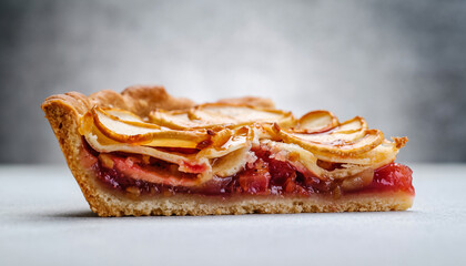 Slice of fruit tart with glazed apples ideal for food blogs, baking websites, recipe cards, dessert menus, and culinary designs.