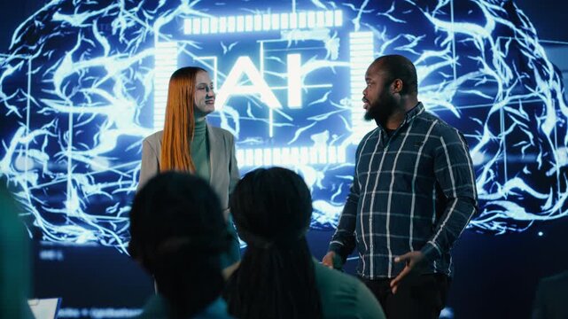 Multiethnic speakers team lead AI technology presentation focusing on deep learning and virtual intelligence. Neural networks discussion on software development with investors. Camera B.