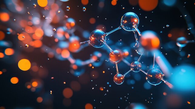 Detailed scientific 3D illustration of a protein molecule structure showing atoms and peptide bonds, representing chemistry, biotechnology, DNA research, and pharmaceutical science.