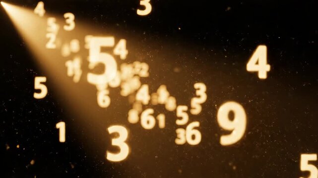 Floating numbers in light. Soft numeric characters drifting like dust particles within a warm beam of light