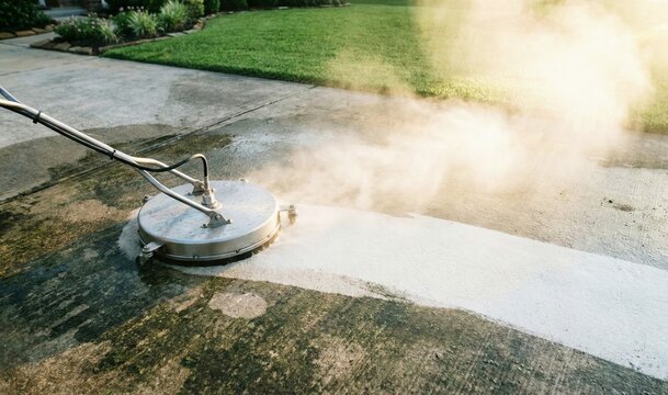 Powerful pressure washer surface cleaning a dirty concrete driveway, creating a visible clean path with water spray and steam in sunlight.