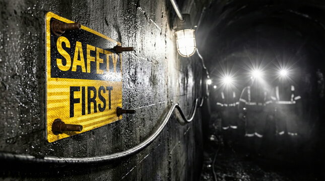 Safety First sign prominently displayed in a dark, wet mining tunnel with blurred miners and their headlamps in the background, emphasizing industrial workplace safety.