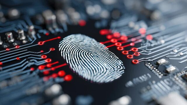 Digital fingerprint on circuit board, glowing turquoise ridges over microchip traces, close up of sensor and gold contacts, high-tech biometric authentication