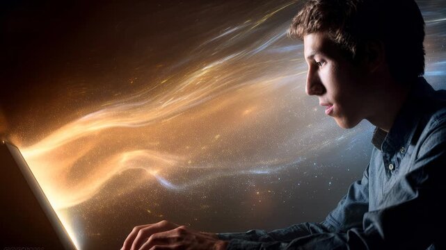 young man at laptop illuminated by golden data streams and light trails, cinematic sparks and particle flows suggesting creative breakthrough, late-night coding