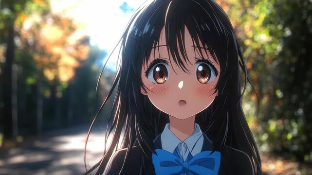 Animated character with charming expression: A lovely anime girl radiates innocence and surprise, framed by the soft blur of a park's pathway, she is on a sunny day.