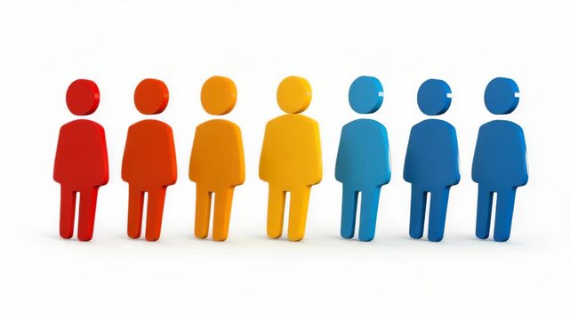 Colorful Representation: A vibrant visual representing unity and diversity. An abstract group of figures stand together in a row.