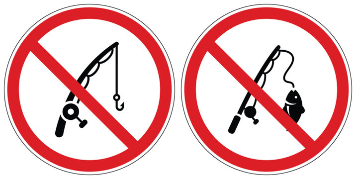 Two distinct red circle prohibition signs indicating no fishing activity with a rod and hook, and no catching fish