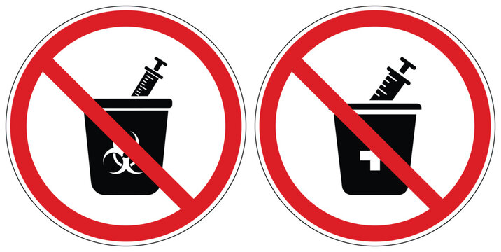 Two prohibition signs illustrating restricted sharps disposal, featuring biohazard and medical cross symbols, for healthcare environments