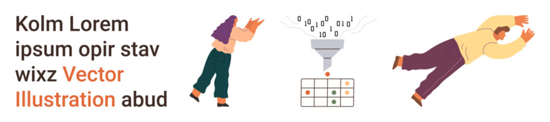 Data management, information flow, processing systems, teamwork, analytics, digital innovation. People interacting with a funnel and table. Data processing and information flow concepts © robu_s