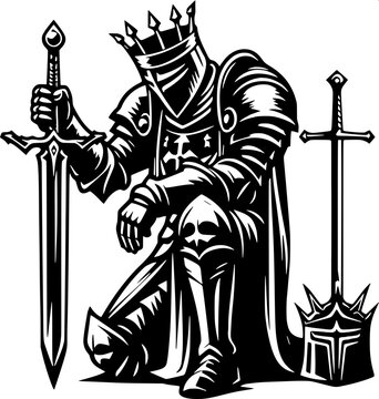 Minimalist black royal silhouette showing queen crowning kneeling knight, medieval ceremony scene, clean vector illustration, high contrast black and white