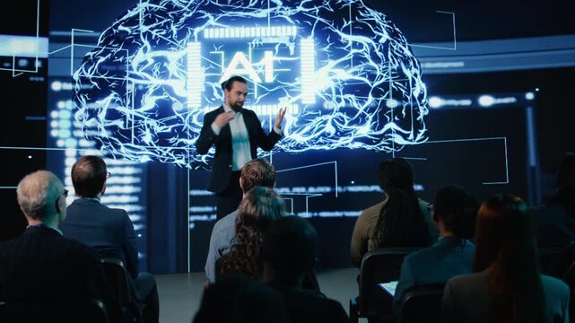 Artificial intelligence meeting focused on investment deal strategy, machine learning development and ai-enhanced software. Public speaker presents to audience in conference hall. Camera A.