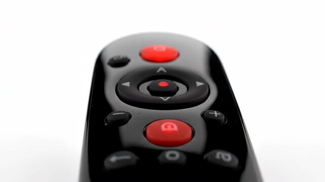 Extreme close up of a black remote control with red buttons on a white background.