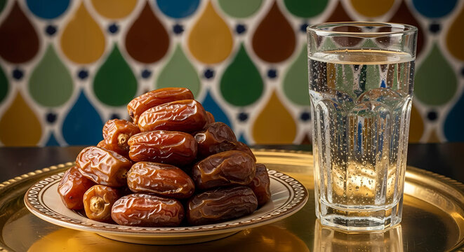 Ramada iftar essentials dates and water for a traditional fast breaking meal