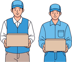 Two friendly delivery men in blue uniforms and caps holding cardboard packages front view illustration.