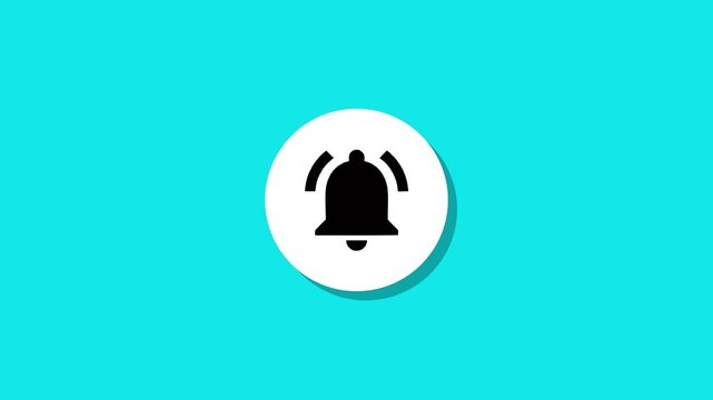 Minimalist bell icon animation on white circle with drop shadow over bright turquoise background in high definition