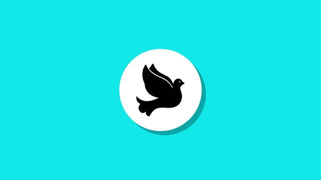 Animation of a black bird silhouette in a circle on a blue background, symbolizing peace