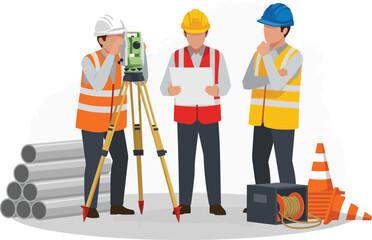 Vector illustration of a construction survey team with a theodolite plans and safety gear.