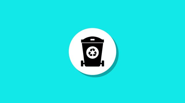 Recycle bin icon animation on white circle against blue background representing waste management and environmental care