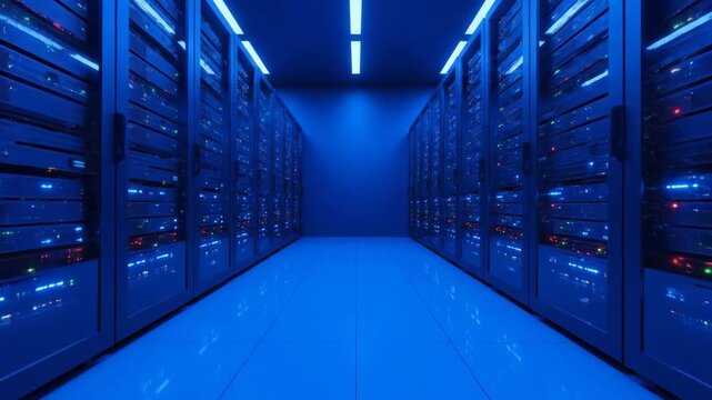 A blue glowing server room with rows of racks in a data center.