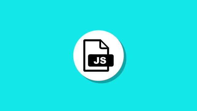 Clean animated js file icon with a drop shadow popping up in a white circle on a bright blue background motion graphic