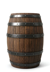 Fototapeta premium Rustic Oak Wooden Barrel With Metal Hoops Isolated On White Background For Storage