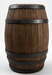 Fototapeta premium Rustic Oak Wooden Barrel With Metal Hoops Isolated On White Background For Storage