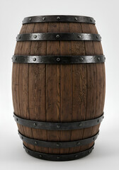 Obraz premium Rustic Oak Wooden Barrel With Metal Hoops Isolated On White Background For Storage