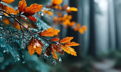 Rain droplets clinging to vivid fall foliage with soft bokeh forest light creating a calm seasonal mood