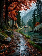 Autumn leaves glowing with warm orange tones on rain kissed branches against a misty forest background