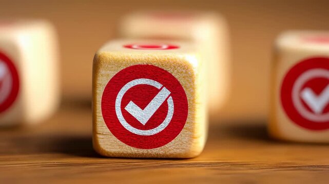 Checkmark Dice: A close-up shot of a wooden dice with a prominent checkmark symbol, conveying a sense of decision-making, choice, and approval.