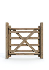 Rustic wooden farm gate structure with barbed wire fence isolated on white background
