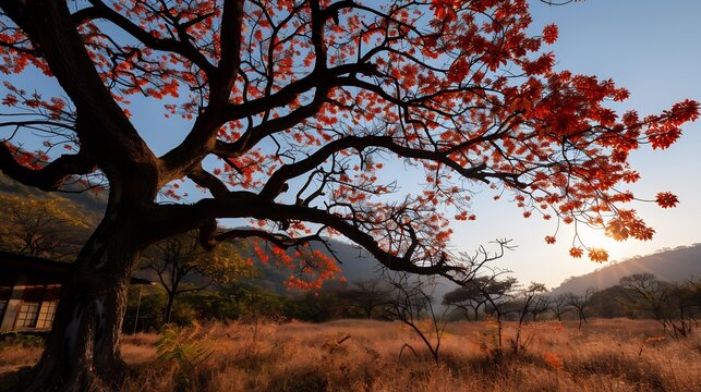 Palash Tree with Fiery Blooms at Sunset, Golden Light