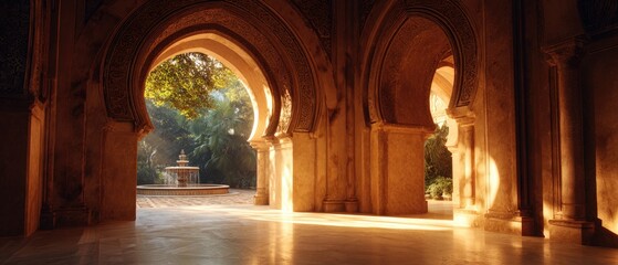 Fototapeta premium A serene and historic courtyard with arched doorways and a fountain in the background