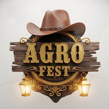 Agro Fest Logo Design With Stylish Cowboy Hat And Ornate Gold Frames