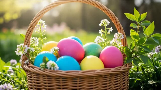 Colorful Easter eggs in woven basket nestled in green grass outdoors on sunny spring day
