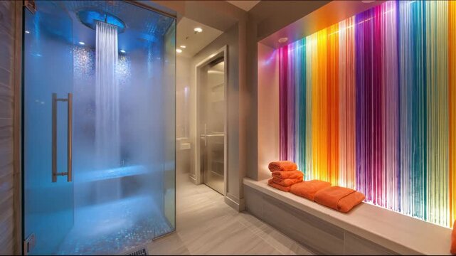 Modern bathroom design with a shower and spa area, featuring multi-colored yarn wall art