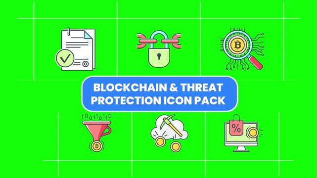 Blockchain and threat protection icon pack featuring line style data security and crypto mining symbols.