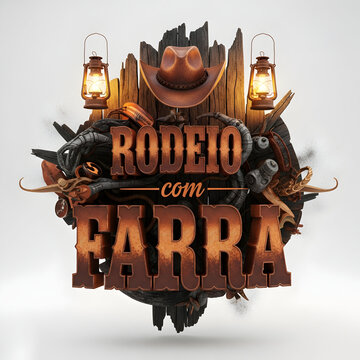 Rodeio Com Farra Logo With Cowboy Hat Lanterns And Rustic Wood Elements