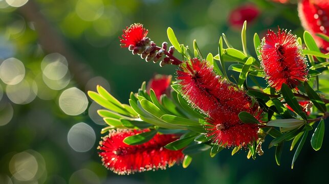 Bottlebrush tree blossoms, red flower spikes, green leaves, soft background blur